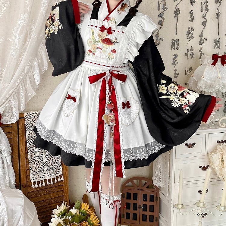 Mushroom OP Black Crossover + Ausschnittstickerei und Bunny Schürze Han Lolita