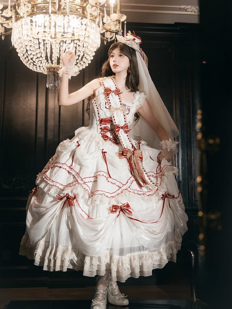 Cake Dress Lolita Embroidered Red White Cherry Hime with Bows Ruffled Multi-Layered
