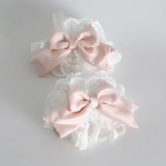 With Lace Pair White A Of Wrist Cuffs Bowknots Orange-Pink Sweet