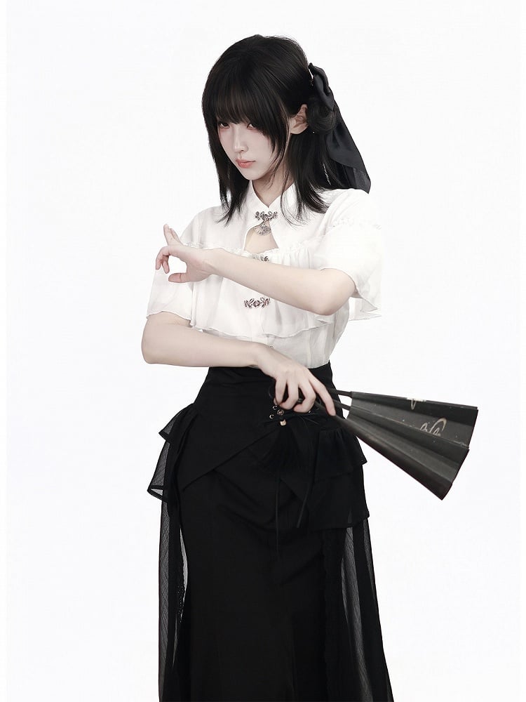 White Metal Frog Closure Blouse with Ruffles - PINK SAVIOR