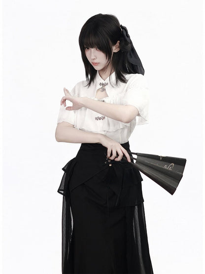 White Metal Frog Closure Blouse with Ruffles - PINK SAVIOR