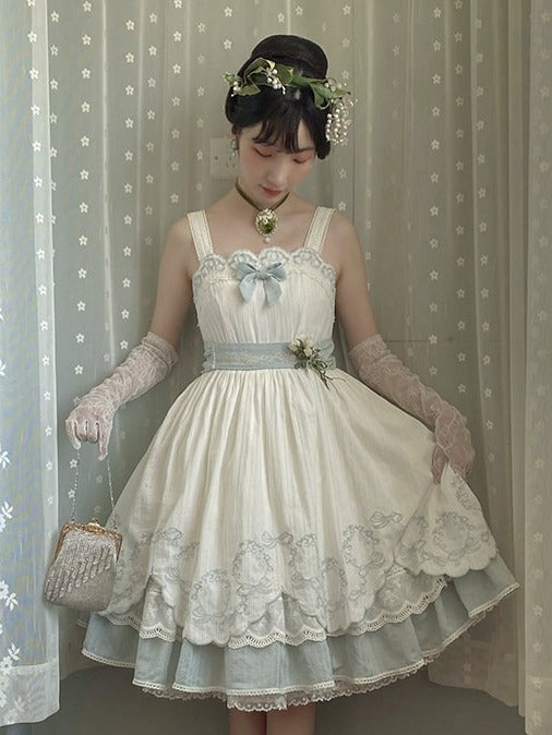 White & Blue Lace Trim JSK Dress with Bow and Belt - Rosa multiflora