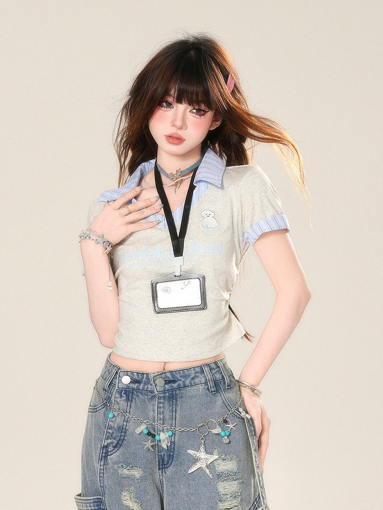 Glamorous Two-pieces Tag Style Faux Cropped T-Shirt with Name Grey Preppy Free Badge