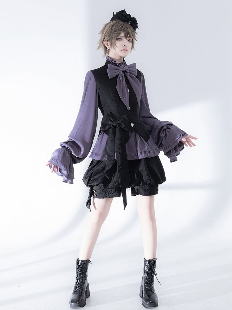 袖付きパープルネックラインのビショップ・ポエット・フリルブラウス