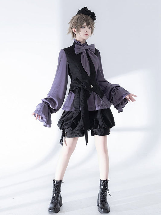 袖付きパープルネックラインのビショップ・ポエット・フリルブラウス