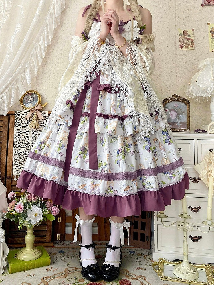 Lolita-Rüschen und Eiscreme-Lila-Rock, gestuftes Blaubeerkleid, Besatz mit Print