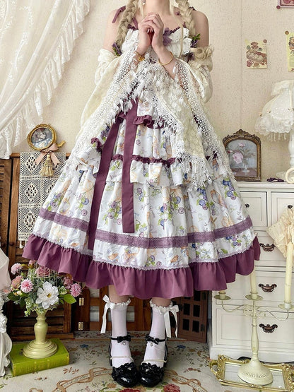 Eisdruck Lolita Stufenbesatz Lila Rockkleid Creme Blaubeere Rüschen und