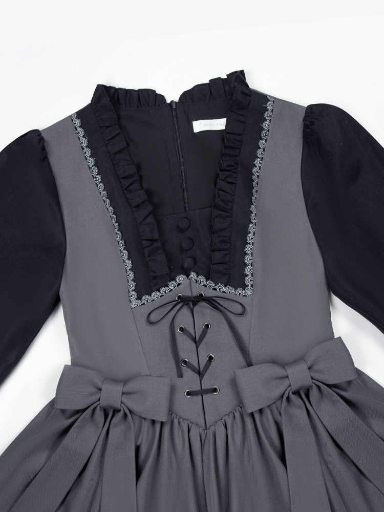 Elegantes Lolita-Kleid mit quadratischem Ausschnitt und langen Bischofsärmeln in Schwarz und Grau