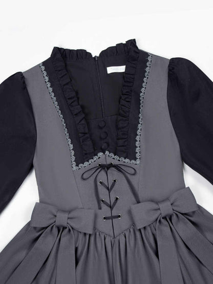 Elegantes Lolita-Kleid mit quadratischem Ausschnitt und langen Bischofsärmeln in Schwarz und Grau