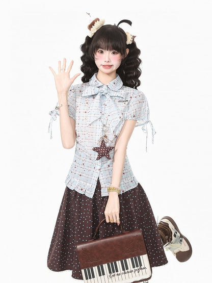 Blue Kawaii Star Plaid Short Sleeve Shirt with Bow - Languid Park