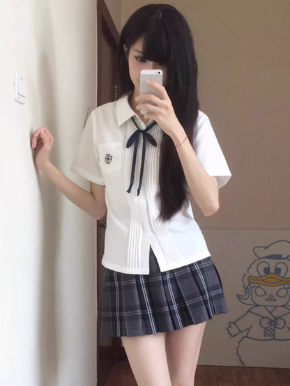 Pleating Style Embroidery Floral Details Sleeves White/Blue Short Preppy Version Shirt