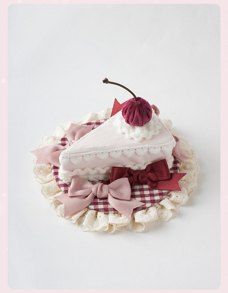 Sweet Lolita Pink Bow Ruffled Trim Red Cherry Triangular Cake Mini Hat
