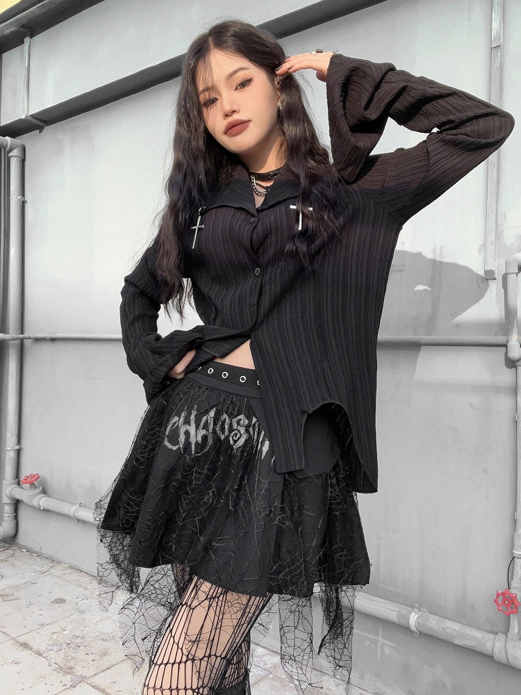 Shirt Cross Hem with Silver Punk Gothic Asymmetric Charms Black