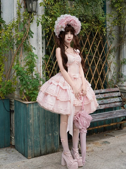 with Lingt Pink Lolita Accents Boned Dress JSK Flower Ruffle Layered