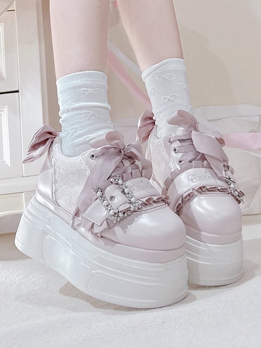 Platforms Kei Design Bow Pink Jirai Beaded Buckle Shoes Accents