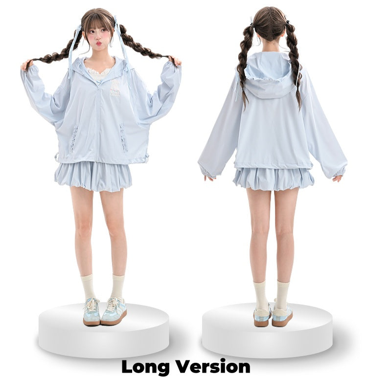 ショート/ロングジャケット ライトブルー ラムプリント サンプロテクション フード付きバージョン