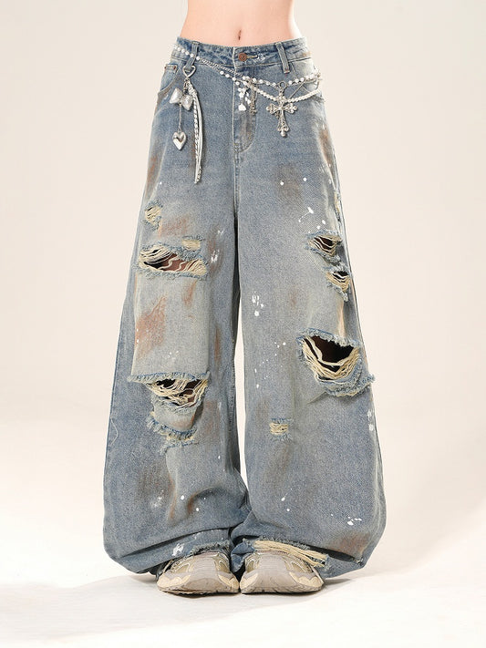 Weite Jeans mit Rissen und Löchern im Used-Look, Spray Blue Low Print Paint