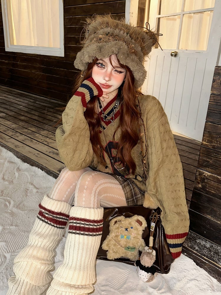 Orange Number Sweater Pattern and V-neck Letter Kawaii