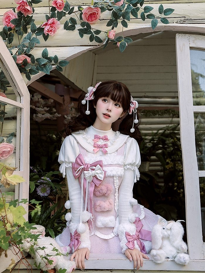 and Bows Sleeves Top Pink with Knitted Long White Pom-poms