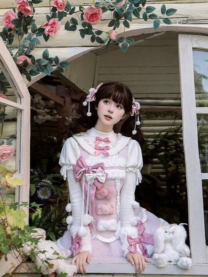 and Bows Sleeves Top Pink with Knitted Long White Pom-poms