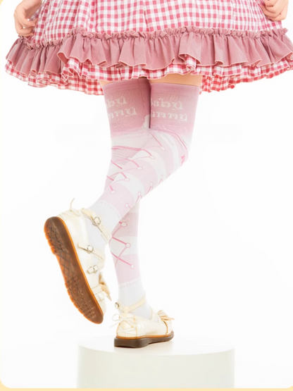 Pink Bunny Pattern Crisscorss Banded Over Knee Stockings