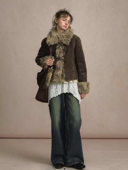 Lining Tie Details with Coat and Bow Faux Suede Brown Plush