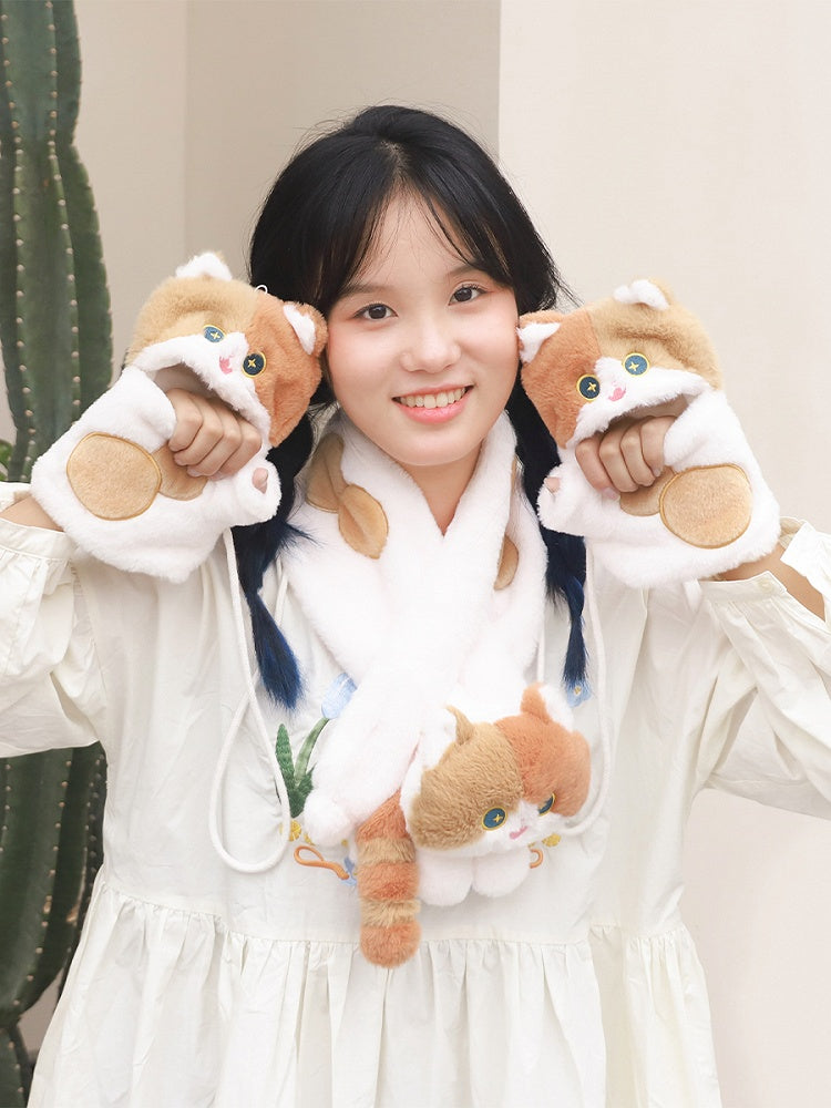 Süße Plüschhandschuhe in Katzenform, weiß und braun