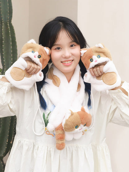 Süße Plüschhandschuhe in Katzenform, weiß und braun