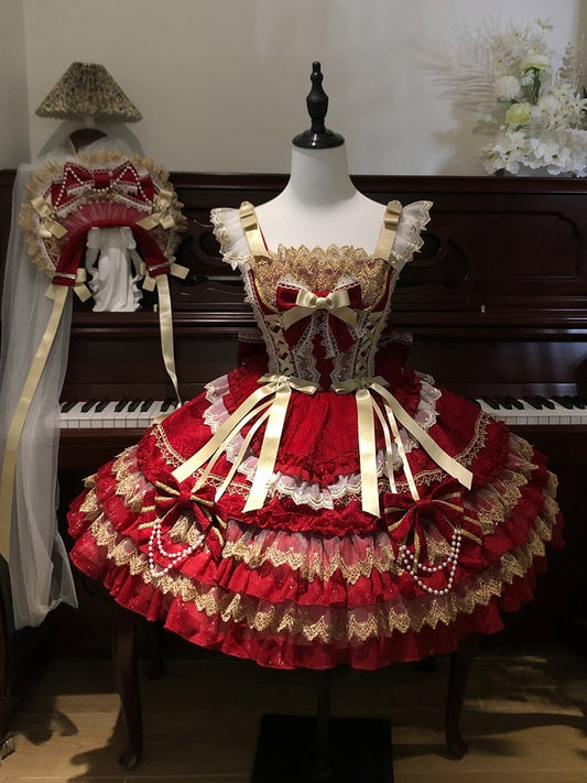 Kleid Rot Prinzessin Tiered Verziert Perlen Rock Schleifen Lolita Kette