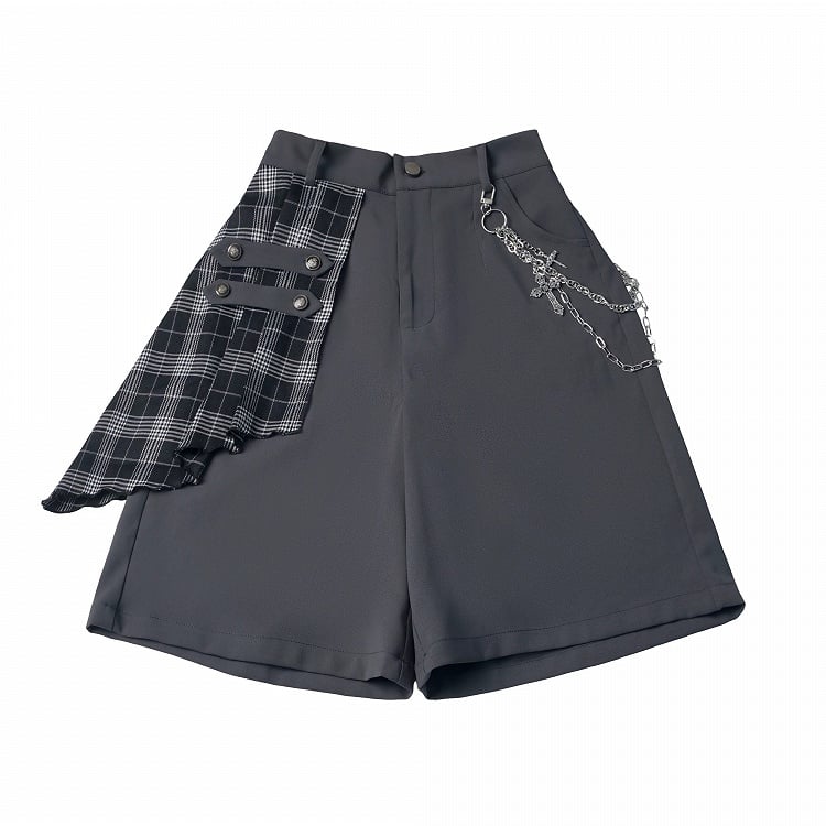 Gray Casual Shorts with Plaid Panel & Chain Accent - PINK SAVIOR