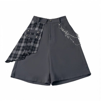 Gray Casual Shorts with Plaid Panel & Chain Accent - PINK SAVIOR