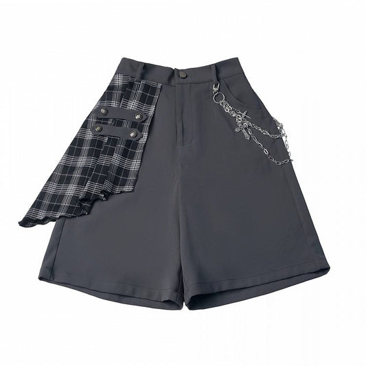 Gray Casual Shorts with Plaid Panel & Chain Accent - PINK SAVIOR
