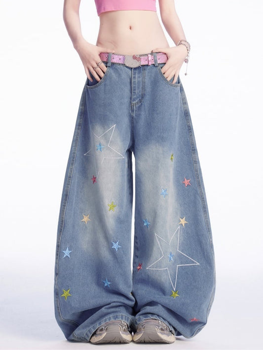 ヴィンテージ ワイドレッグ ジーンズ ライズ カラフル スター 刺繍 ブルー ロー