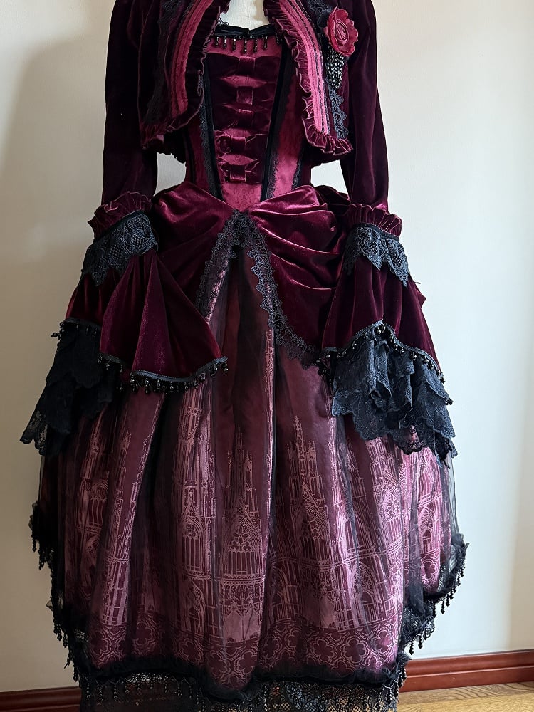 Burgundy Placket Top Velvet Gothic Lolita Cropped Ouji Ruffled