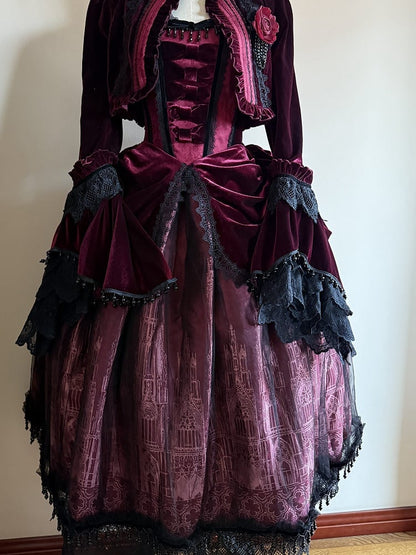 Burgundy Placket Top Velvet Gothic Lolita Cropped Ouji Ruffled