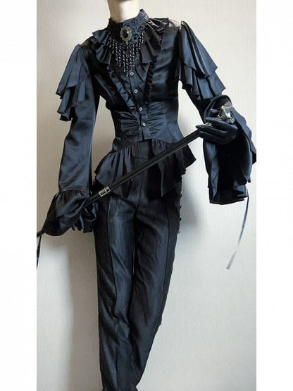 Black Shoulder Ruffle Panels Lolita Blouse with Aristocrat Cascading Ouji