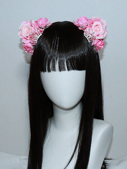 Hairclips Details Floral Crown Cat with Rhinestone Ear Pink