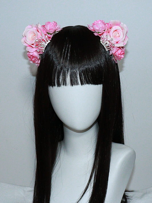 Hairclips Details Floral Crown Cat with Rhinestone Ear Pink