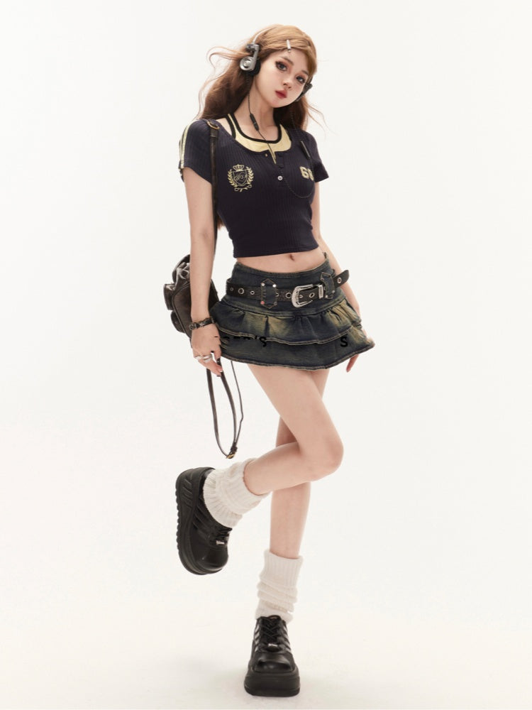 クロップドTシャツ ネイビーブルー ホルターネック グラマラス ツーピース フェイク