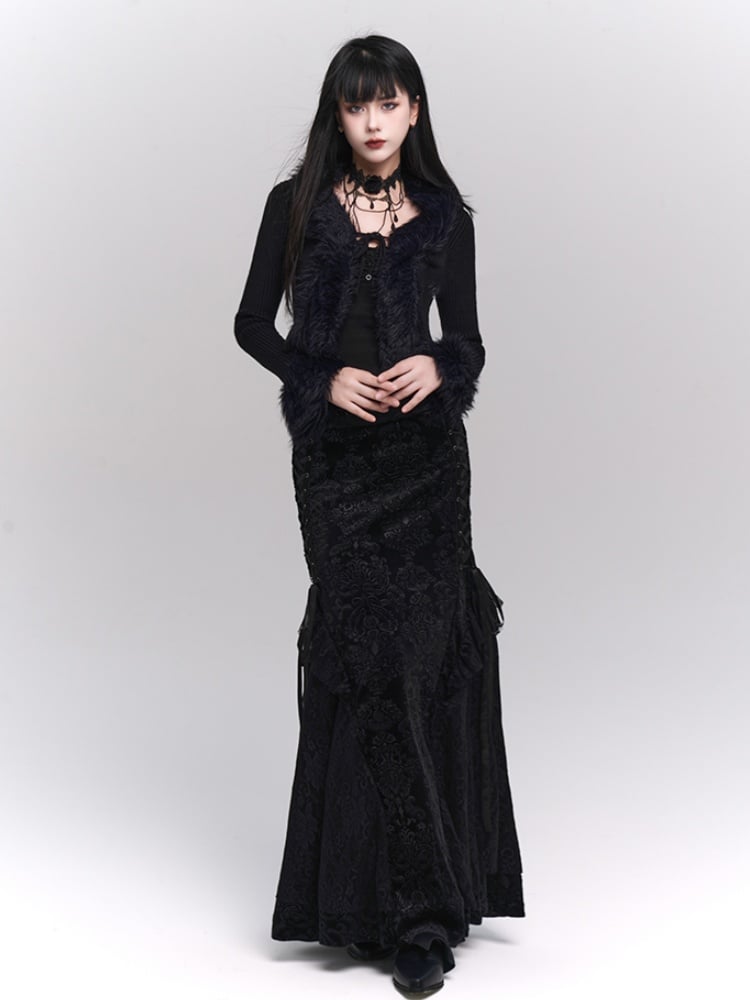 Schwarzer Meerjungfrauenrock aus Samt mit Schnürdetail an der Seite