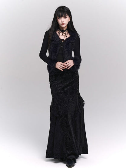 Schwarzer Meerjungfrauenrock aus Samt mit Schnürdetail an der Seite