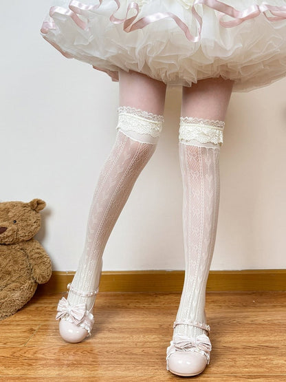 Milk Yellow Lolita Lace Trim Overknee Stockings with Heart Motif - Fat Bear Story