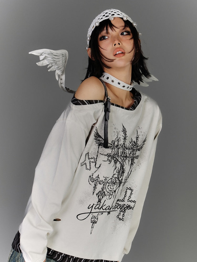 Y2K Apricot Asymmetrical Neckline Buckle Strap Glamorous Graphic Top