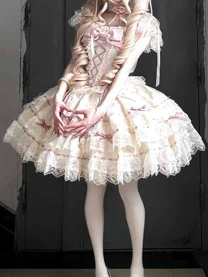 Details Multi-Layered Bow Princess Dress Lace Lolita Apricot Jacquard with
