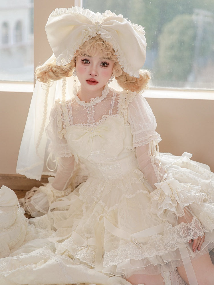 Kleid Prinzessin Lolita Weiß Taille auf und Band Schleifen Perlen Baskenrock Creme