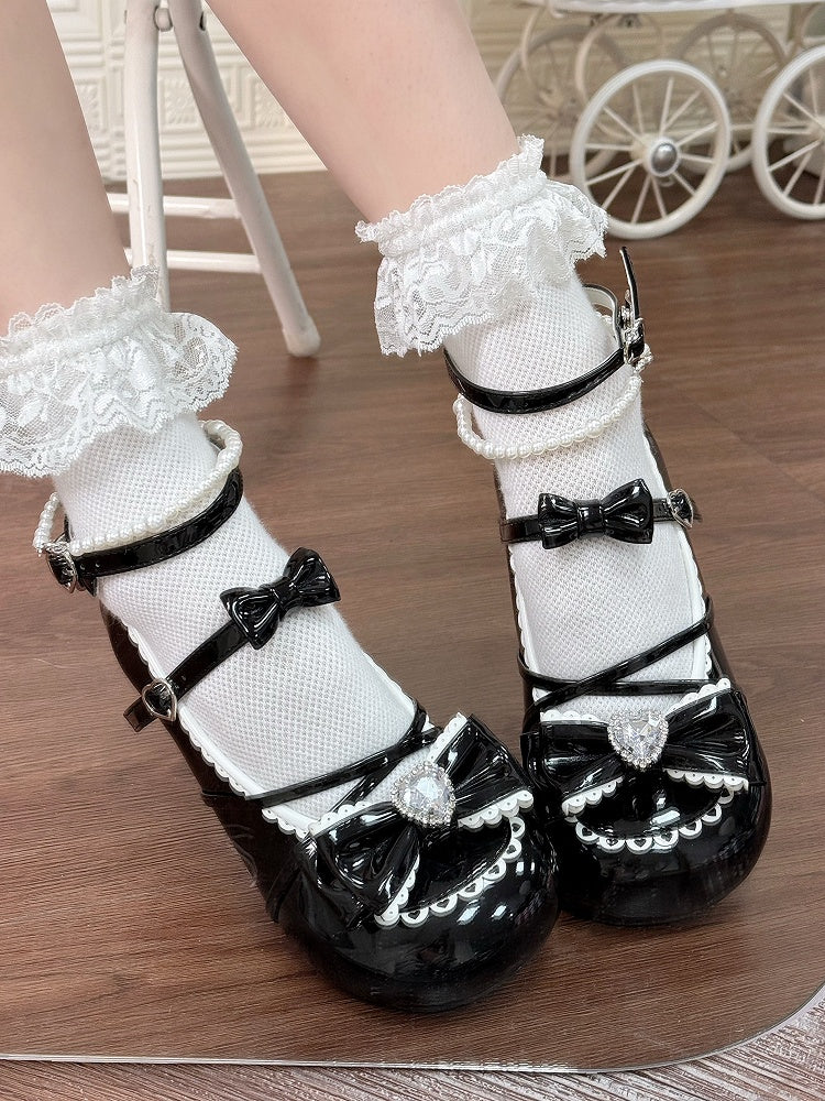 Beaded Low-heel with Lolita Shoes Sweet Black Straps