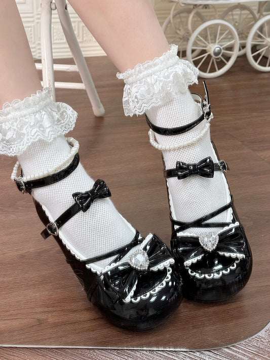 Beaded Low-heel with Lolita Shoes Sweet Black Straps