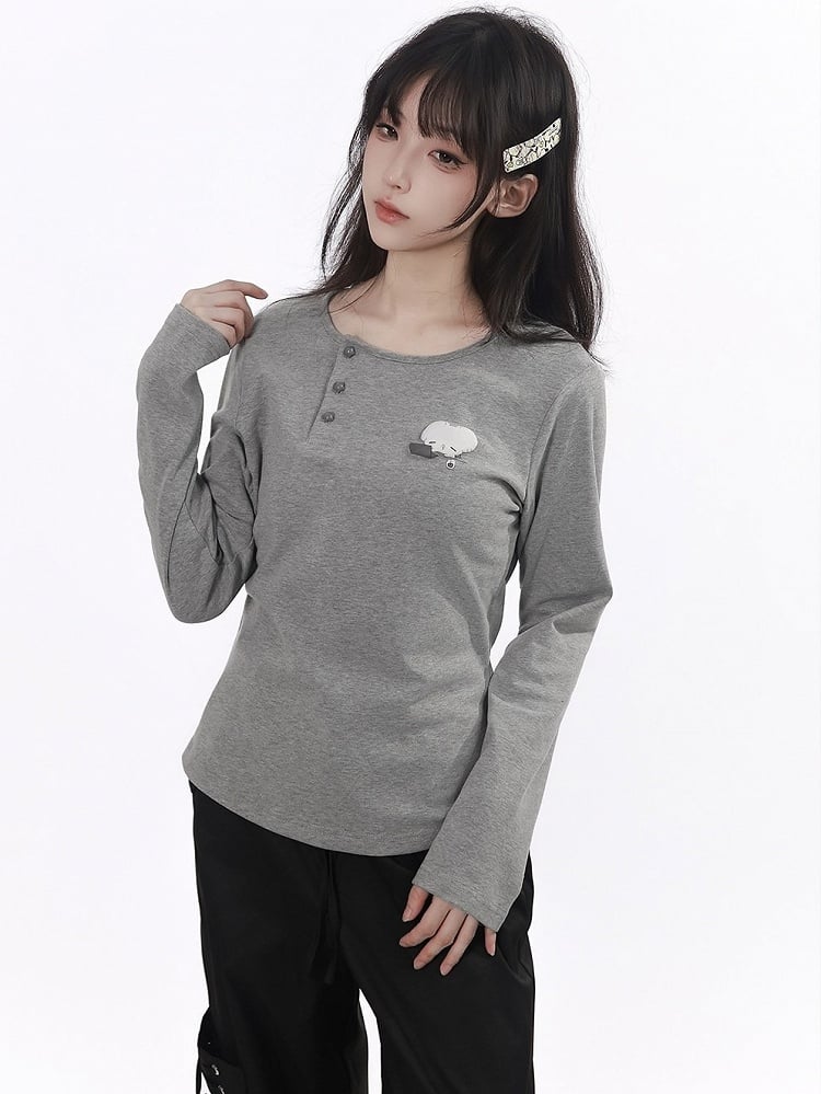 Kawaii Grey Puffy Mouse Print Waist-cinching Long Sleeve Top with Shawl - PINK SAVIOR