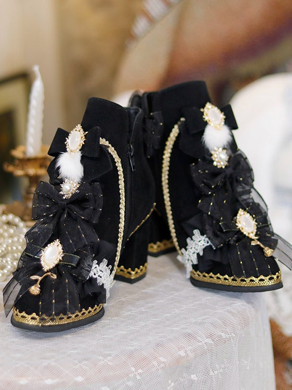 Black Lolita Boots with Round Crystal Accent - One Night Language