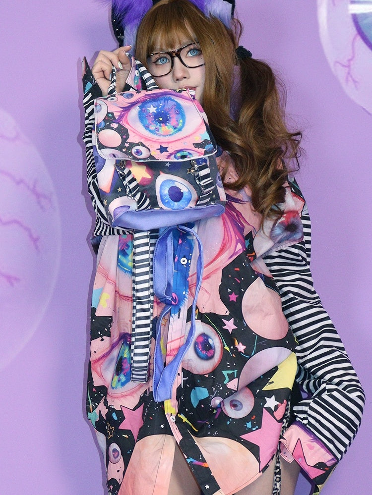 Fold-Over Flap Design Guro Colorful Backpack Eyes Print Kawaii